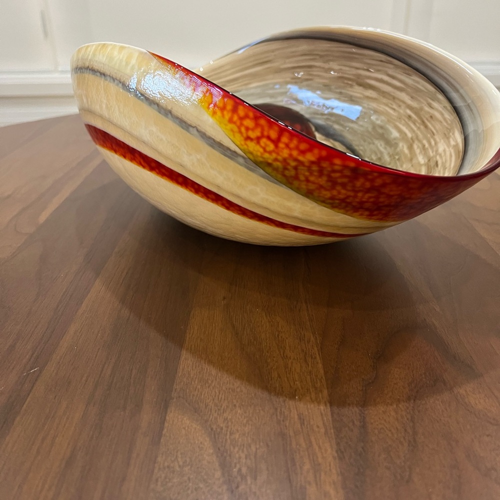 Red and Cream Asymmetrical Glass Art Bowl